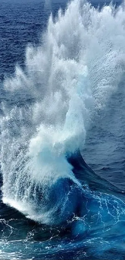 Dynamic ocean wave crashing with foam and vibrant blue hues.