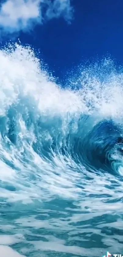 Dynamic ocean wave with splash against a blue sky