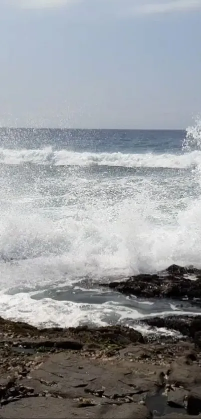 Crashing ocean waves on a rocky shoreline.