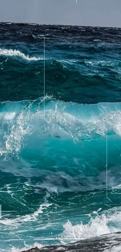 Vibrant teal ocean wave crashing dynamically.