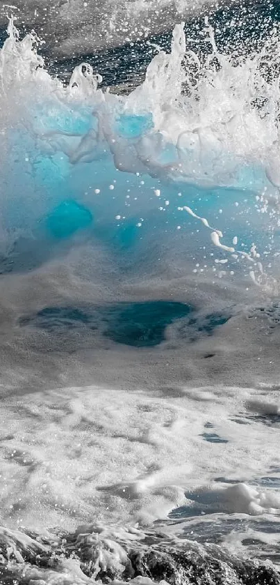 Dynamic ocean wave crashing with blue hues, perfect for mobile wallpaper.