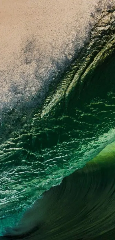 Dynamic ocean wave with dark green hues and rich textures in mobile wallpaper.