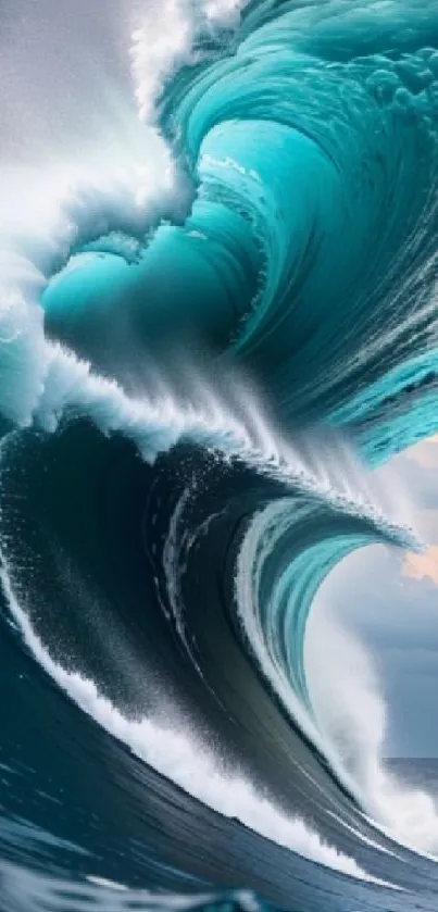 Dramatic turquoise ocean wave with surfer in action.