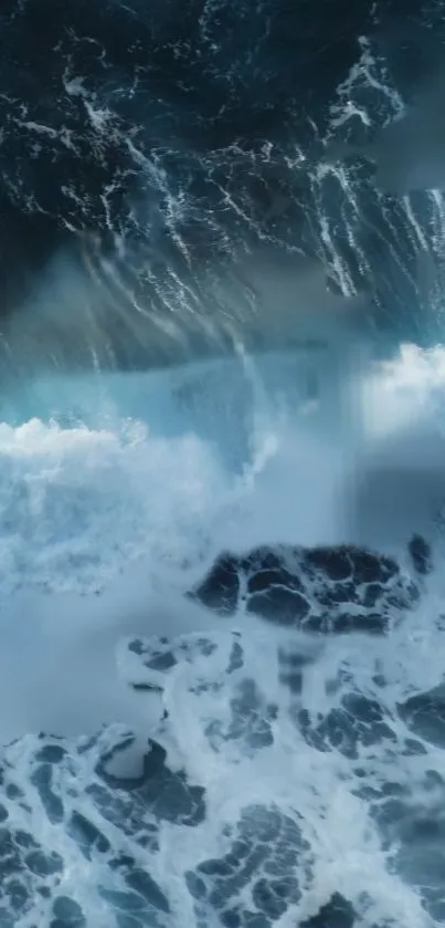 Dynamic ocean waves with frothy foam on blue water.