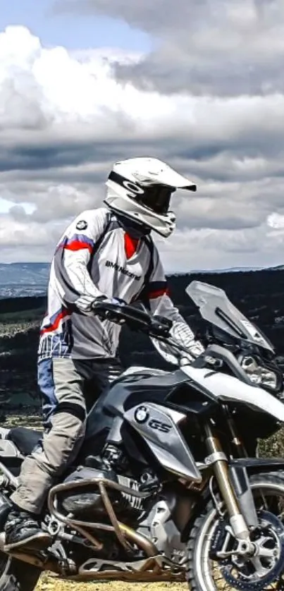 Off-road motorbike adventure with dramatic clouds.