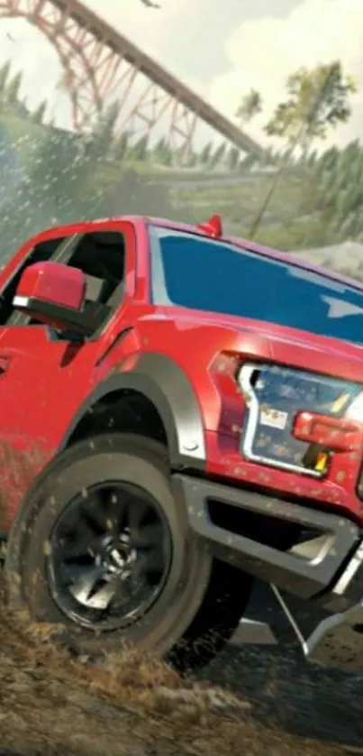 Red truck racing through rugged terrain at high speed.