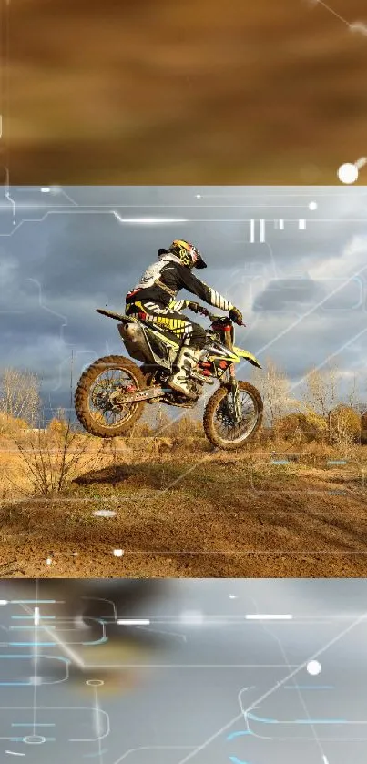 Off-road biker jumps in scenic countryside, perfect for adventure lovers.