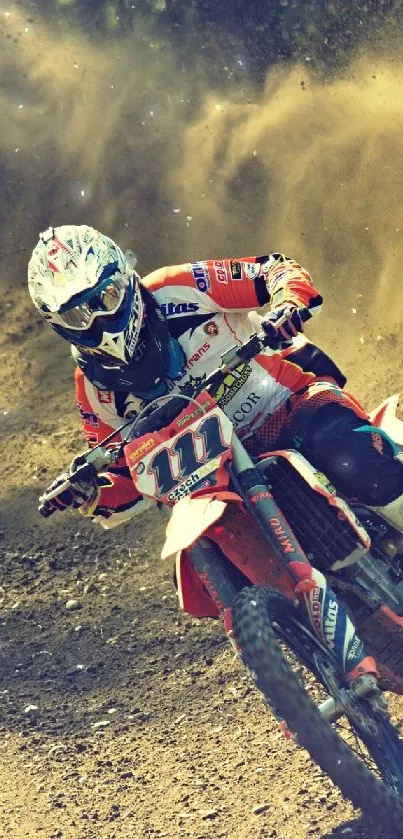 Motocross rider speeding on a dusty track.
