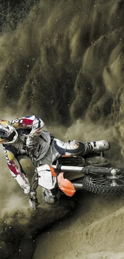 Motorcyclist in dynamic action on dirt track, creating dust clouds.