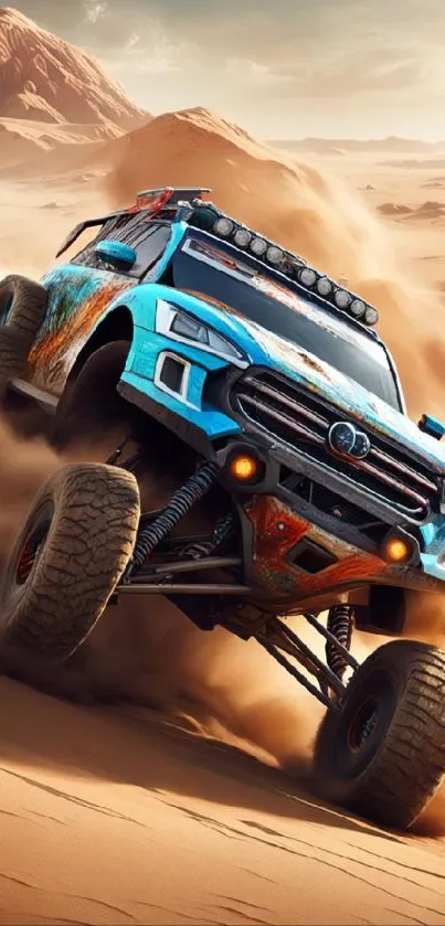 Thrilling off-road truck racing through desert dunes.