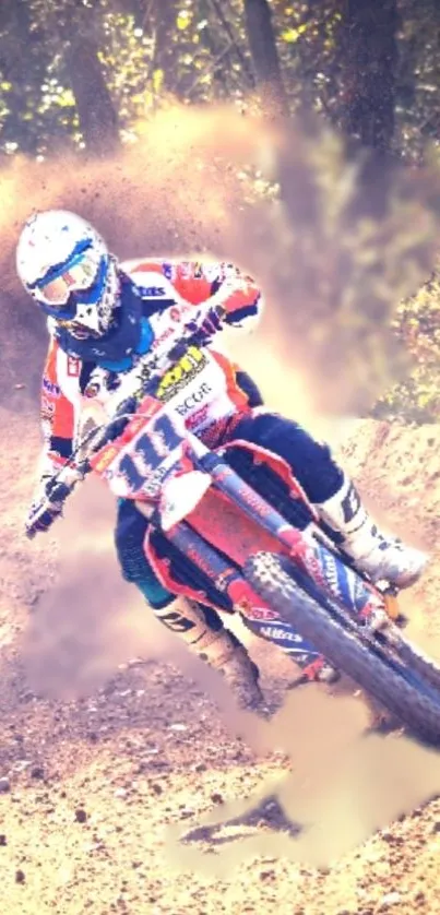 Motocross rider on dirt track kicking up dust.