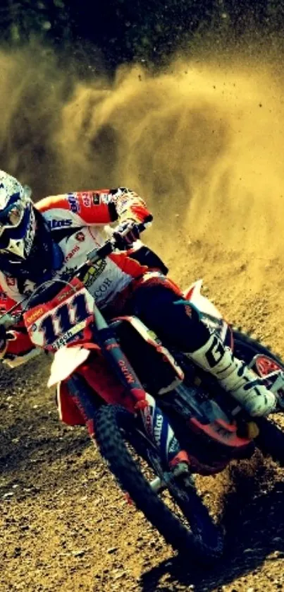 Thrilling off-road motocross wallpaper with rider speeding through dust.