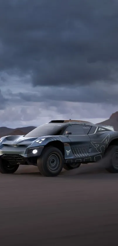 Off-road racing car speeds in desert landscape.
