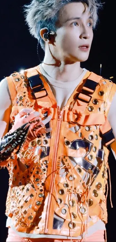 Energetic performer in orange vest on stage with dramatic lighting.