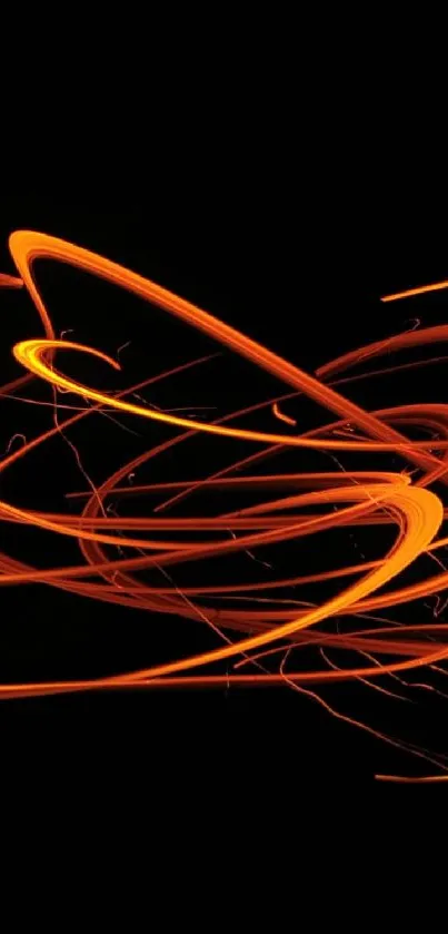 Dynamic orange light streaks on black background mobile wallpaper.