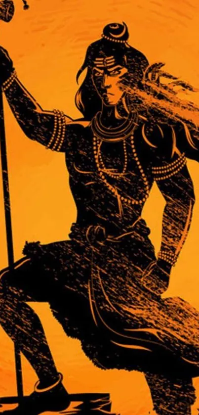 Silhouette of a warrior on an orange background with black accents.