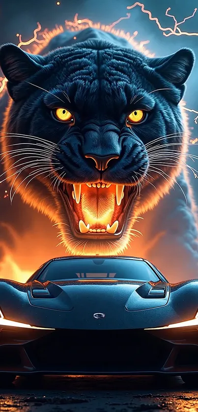 Fierce panther behind sleek sports car with neon effects and lightning.