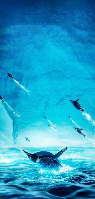 Penguins diving in a vivid blue ocean with an iceberg.