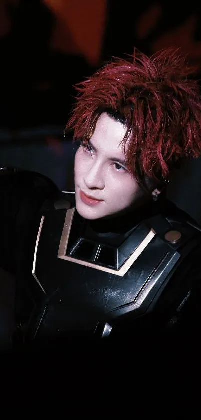 Performer with red hair and black futuristic attire.