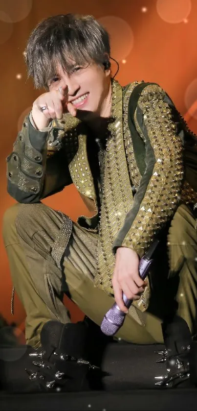 Vibrant performer in military-style attire on stage.