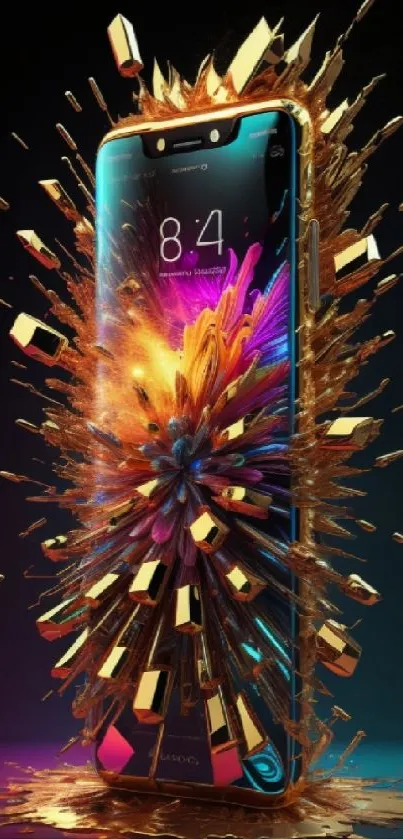 Explosive mobile wallpaper with colorful, gold bursting effects.