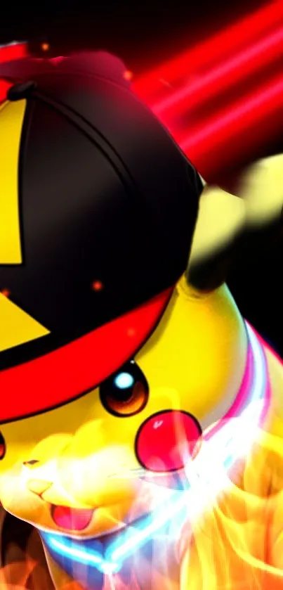 Dynamic artwork of Pikachu with cap and flames for mobile wallpaper.