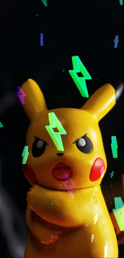 Pikachu with a dark lightning backdrop, striking a pose.