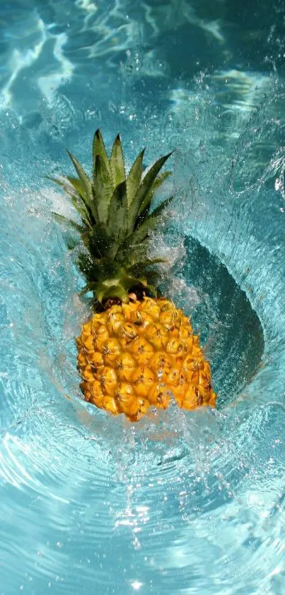 Pineapple making a splash in bright blue water.