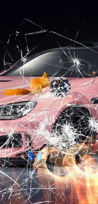 Pink car with glass cracks and flames in dynamic wallpaper.