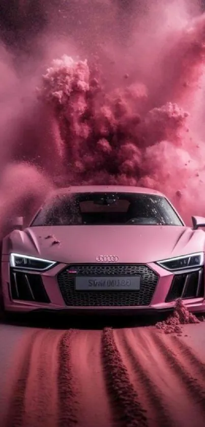 Pink sports car with vibrant powder explosion.