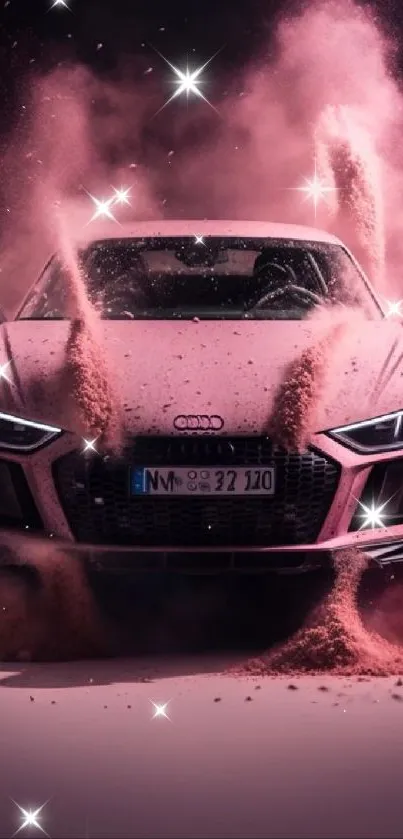 Pink sports car bursts through dusty explosion in dramatic wallpaper.