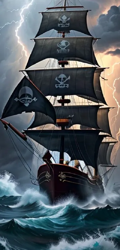 Pirate ship on stormy seas with dramatic dark sails and lightning.