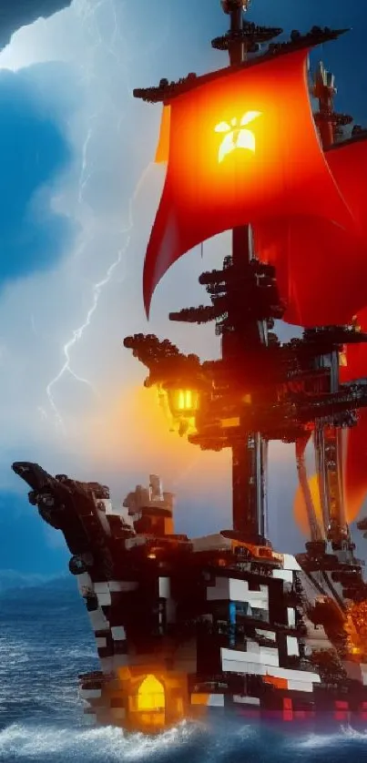 LEGO pirate ship with red sails on a stormy sea, illuminated by glowing lanterns.