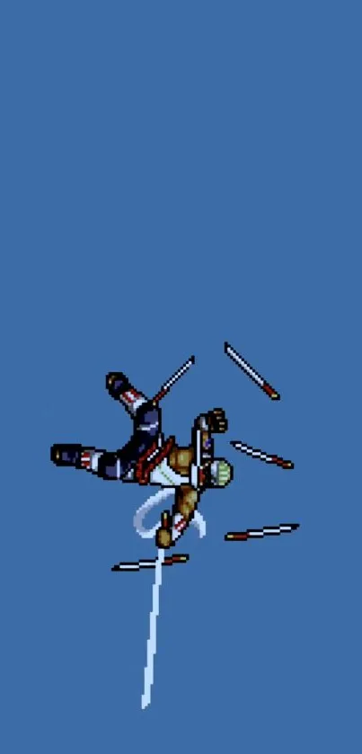 Pixel art character falling against a blue background.