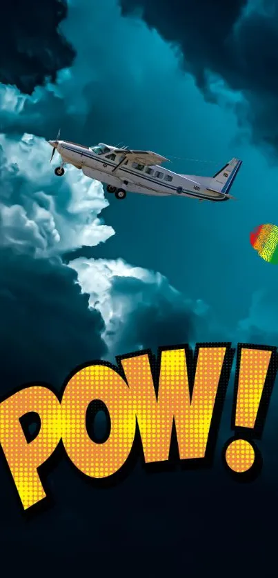 Plane in dramatic sky with comic text 'POW!' in digital art style.