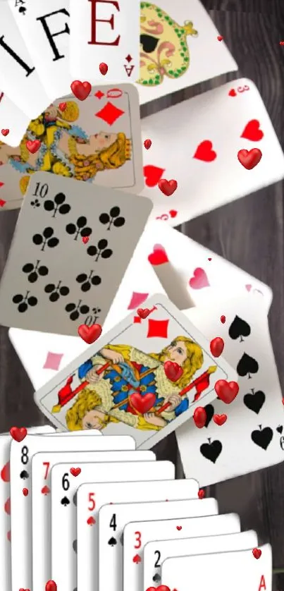 Dynamic playing card wallpaper with hearts and clubs on a wooden background.