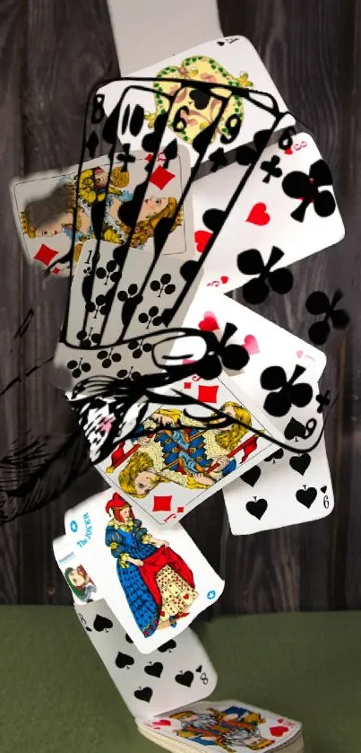 Playing cards dynamically arranged in a creative art style against a wooden background.