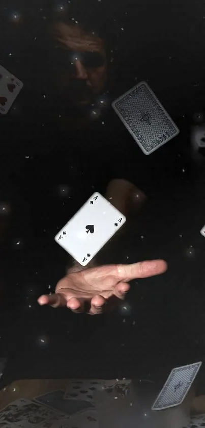 Floating playing cards in a magical scene.