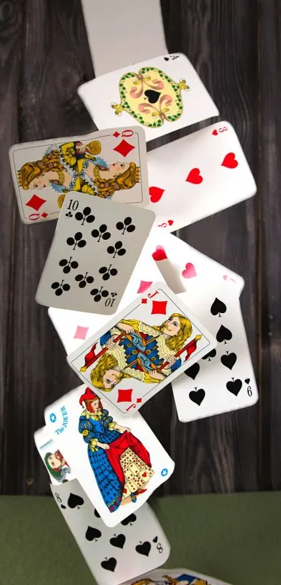 Dynamic wallpaper with playing cards cascading on wood backdrop.