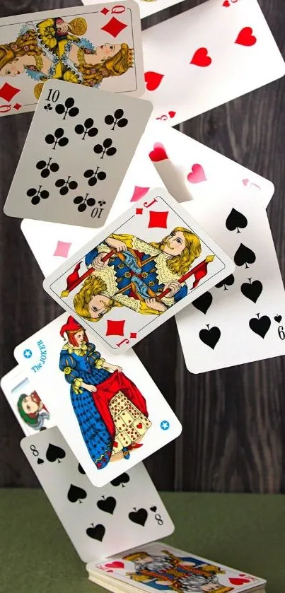 Floating playing cards create a dynamic design on a dark wooden background.