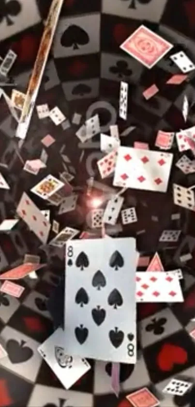 Dynamic swirl of playing cards on a checkered background.