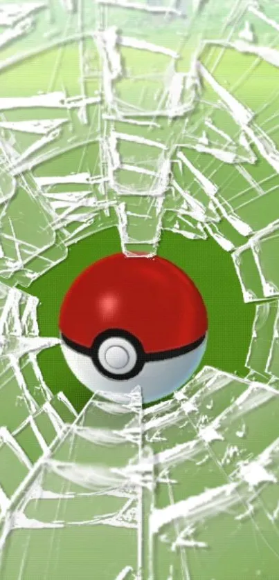 Pokeball shattering glass on green background wallpaper.