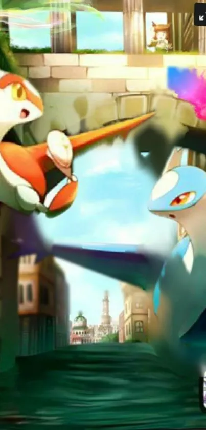 Latias and Latios in an epic Pokemon duel scene set in a digital cityscape.