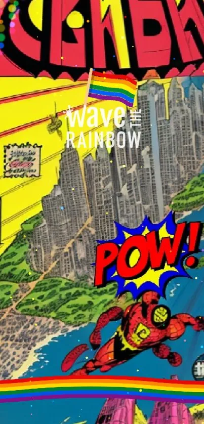 Vibrant pop art comic superhero flying over cityscape with 'POW' text.