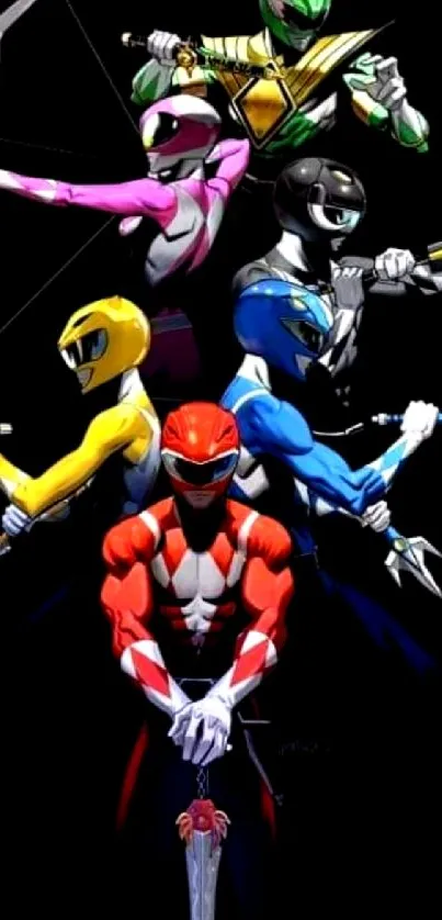 Power Rangers in action pose against dark background.