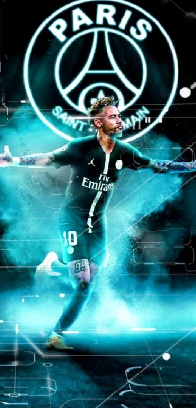 PSG player in dynamic cyan-themed wallpaper with iconic team logo.