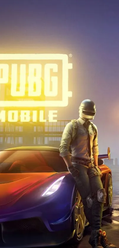 PUBG Mobile wallpaper with player and cars under glowing logo.