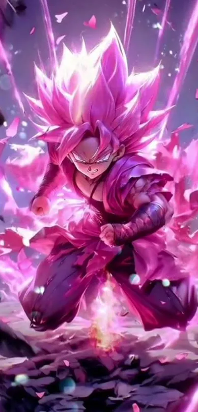 Anime warrior surrounded by purple energy in dynamic action scene.