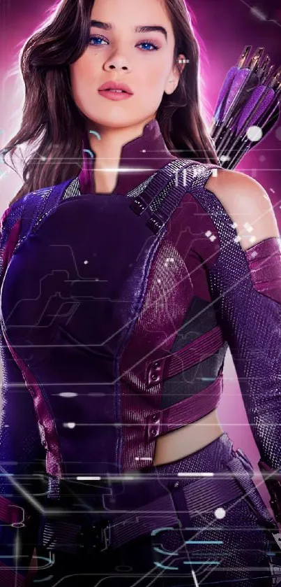 Vibrant digital wallpaper of a purple-clad female archer with arrows.