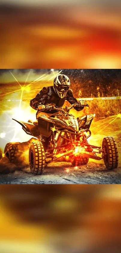 Dynamic quad bike racing through fiery terrain under a stunning sunset.